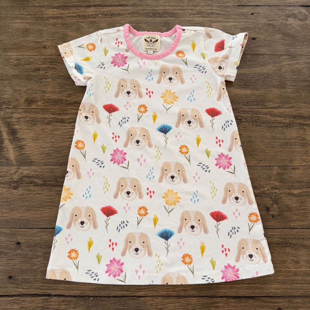 The Oaks Apparel Kids White Puppy Dog Flower Print Dress 2Y Pink Trim